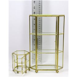 TWO BRASS & GLASS CURIO DISPLAY CASES WITH LEGS
