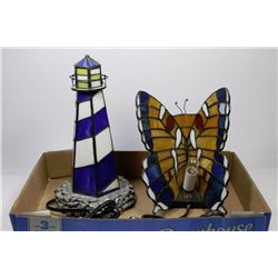 STAINED GLASS LIGHTHOUSE & BUTTERFLY LAMPS