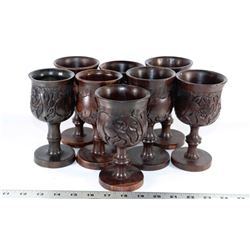 BOX OF IMPORTED HAND CARVED WOODEN GOBLETS FROM