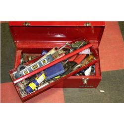 RED TOOL BOX FULL WITH ASSORTED TOOLS