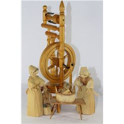 WOODEN SPINNING WHEEL WITH CORN PEOPLE