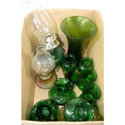 BOX WITH GREEN DEPRESSION GLASS