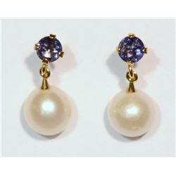 #4-14KT GOLD PEARL AND IOLITE EARRINGS