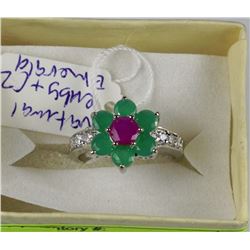 #1-.925 SILVER NATURAL RUBY,EMERALD &CZ RING