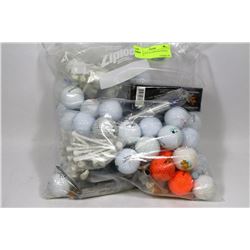BAG OF NEW & USED GOLF BALLS, TEES, ETC.
