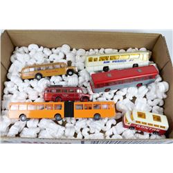 FLAT OF MAJORETTE PLASTIC & METAL BUSSES INCLUDING