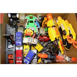 BOX W/NERF GUNS & TOY CARS & TRUCKS