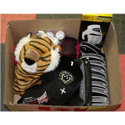 BOX OF GOLF ACCESSORIES - GOLF COVERS,