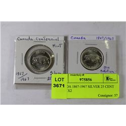 CANADA 1867-1967 SILVER 25 CENT COINS X2