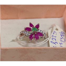 .925 SILVER SZ 8.5 RUBY, CZ & EMERALD