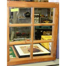 VINTAGE WOOD FRAMED WINDOW MIRROR - 25" X 21.5"