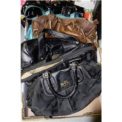 BOX OF ASSORTED PURSES INCL COACH REPLICA & MORE