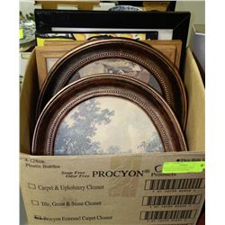 BOX OF PICTURES INCL VINTAGE LOOKING OVAL FRAMED