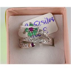 .925 SILVER SIZE 8 RING WITH EMERALD, RUBY & CZ