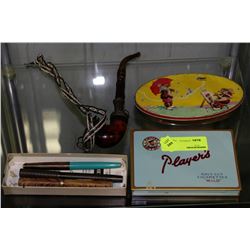 ESTATE VINTAGE TINS WITH PENS AND PIPE