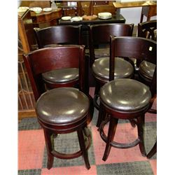 SET OF 4 WOOD AND LEATHERETTE SWIVEL BAR STOOLS