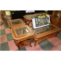 CARVED WOODEN SOFA TABLE, COFFEE TABLE, & TWO END