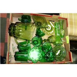 BOX OF GREEN ART GLASS ASSORTMENT