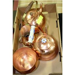 ESTATE BOX OF COPPER TEAPOTS ETC