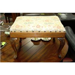 ESTATE WOOD CARVED AND FABRIC FOOT STOOL