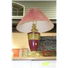 Image 1 : BURGUNDY & BRASS TABLE LAMP