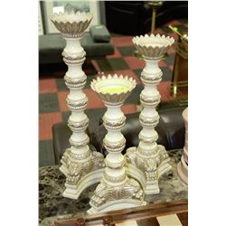 SET OF THREE IVORY & GOLD TONE CANDLE HOLDERS