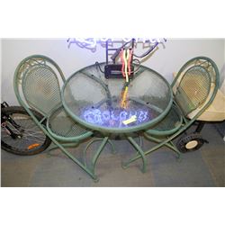 METAL & GLASS PATIO TABLE W/ TWO FOLD AWAY CHAIRS