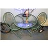 Image 1 : METAL & GLASS PATIO TABLE W/ TWO FOLD AWAY CHAIRS