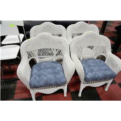 SET OF 4 WHITE WICKER ARMCHAIRS-2 WITH CUSHIONS