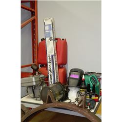 PALLET OF SHOP SUPPLIES, WELDING MASKS, HARD HATS,