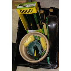 BLACK BIN W/CLAY POTS, GARDEN TOOLS &