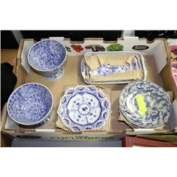 TRAY OF BLUE & WHITE PORCELAIN DISHES