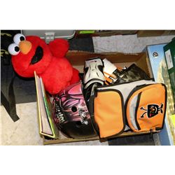 BOX WITH ASSORTED KIDS ITEMS INCLUDING ELMO, POOH