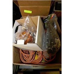 BOX OF EXTENSION CORDS,TIE DOWNS,NEW  SWS STROBE