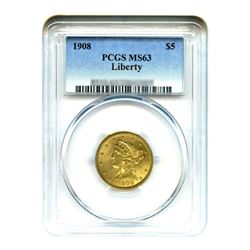 1908 $5 Liberty Gold Half Eagle PCGS MS63
