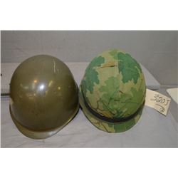 Lot : Two Items - Camo Covered Army Helmet w/ fibre glass style head liner, w/ strap - Green Metal A