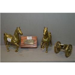 Lot : Four Items : Two Vintage Brass Statue of Horses - Small Brass Cannon - Small wooden plaque "NW