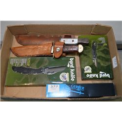 Tray Lot : Gerber Dagger w/sheath in orig box - Two various size Byrd knives in orig pkgs - Old Ross