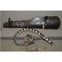 Lot : Two Items : Black & White Leather Bull Whip - Leather Rifle Scabbard