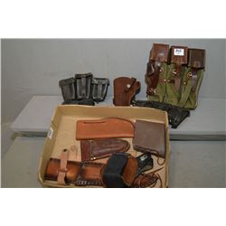 Tray Lot : Four empty knife sheaths - two holsters - Military three pouch [ appears new ] - two leat