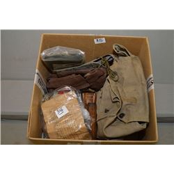 Box Lot : USN Gas Mask Case full of various straps, etc. - Rolling tool case in orig pkg - Mess kit 