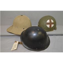 Lot of Three Items : WWII Military Helmet w/liner & strap - Fibre glass style liner w/ red & white m