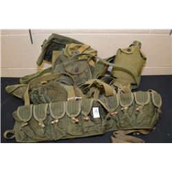 Box Lot : Military Camo Covers, ammo pouches, canteens, belts, etc. [ some marked U.S. ]