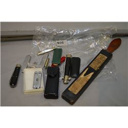 Bag Lot : Antique Permedge Razor Strop in case - Nine Asstd Folding Knives - Leatherman Type Knife i