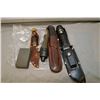Image 1 : Bag Lot : Three Knives w/scabbard - duck call - sharpening stone - collectible Auer Bullet Lighter (