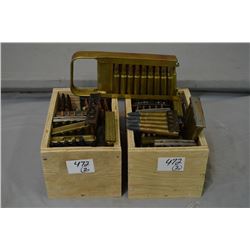 Lot : Two Wooden Boxes - Various Cal Milt Ammo in stripper clips - & brass ammo loader