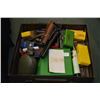 Image 1 : Lg Brown Metal Military Ammo Box : leather cartridge belt, 5 insulators [ 2 are CPR ] - empty plasti