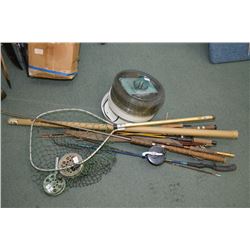 Bundle : Older Fish Rods, four reels, net, etc. - Food Dehyrdator w/manual