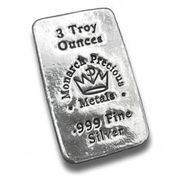 Three (3) Ounce Monarch Hand Poured .999 Fine Silver Bar, 3 oz. Fine Silver