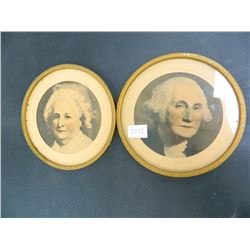 Very Old George & Martha Washington metal framed prints, 6" Round. Note: Martha missing glass